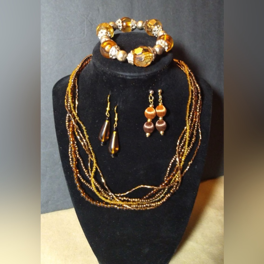 Vintage Jewelry Set Multi-strand Necklace Bracelet and Dangle Earrings